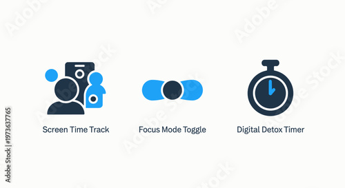 Digital productivity icon set featuring screen time monitoring focus mode toggle and stopwatch timer for task management