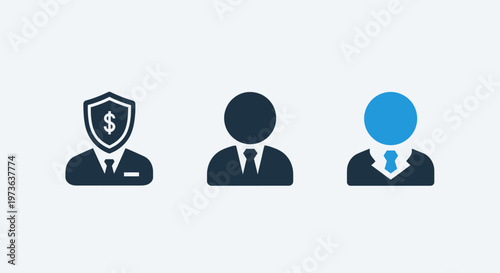Business identity and financial security profile icons representing shielded assets and professional roles in corporate environment