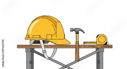 Vibrant yellow protective hard hat sits upon a sturdy brown wooden workbench next to a metallic claw hammer and a retractable yellow measuring tape tool.