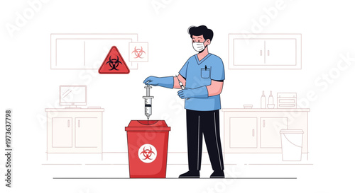Healthcare worker disposing of syringe in biohazard bin, medical waste management