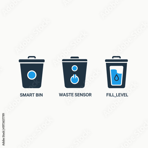 Smart waste management icons illustrating smart bin technology with internal waste sensors and container fill level indicators