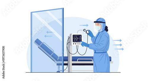 Healthcare worker in PPE monitors patient on hospital bed with vital signs monitor