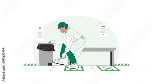 Healthcare worker in PPE disposing of waste in a bin, social distancing markers on floor