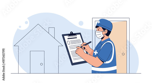 Healthcare worker in mask visits home, taking notes on clipboard, medical checkup