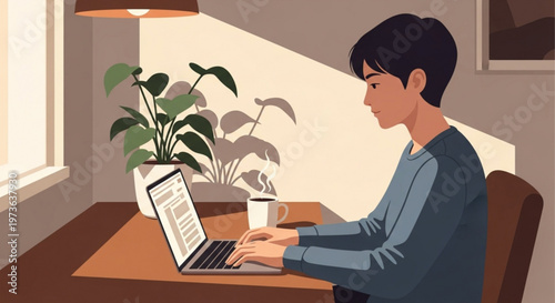 Young man working on laptop at home with plant on desk in daytime