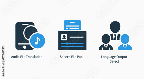 Language translation technology and speech recognition system icons including audio file parser and multilingual output selection tools
