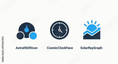 Environmental monitoring icons featuring cosmic clock face solar ray graph and atmospheric shift indicator for sustainable energy tracking