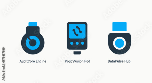 Data management and network infrastructure monitoring icons featuring audit engine policy management and data pulse hub analytics