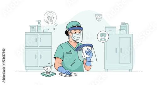 Healthcare worker in protective gear cleaning face shield and equipment