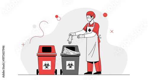 Healthcare worker in protective gear disposing of medical waste in biohazard bins