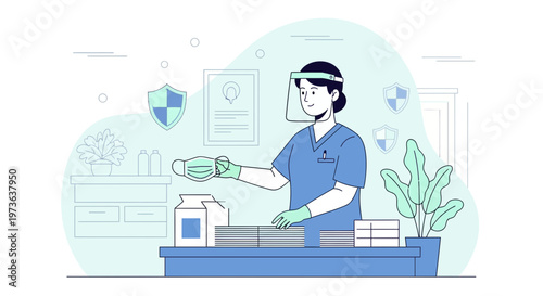 Healthcare worker in protective gear holding a face mask, preparing for pandemic