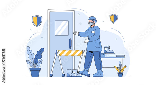 Healthcare worker in protective gear entering secure zone, safety shields and barrier