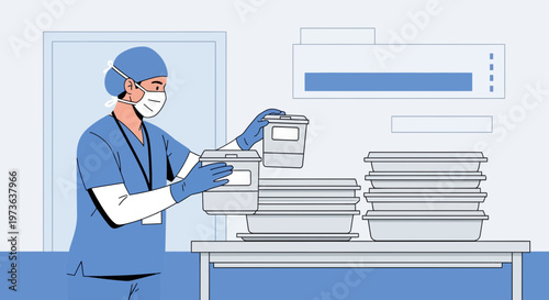 Healthcare worker in scrubs and mask organizing medical supplies on a table