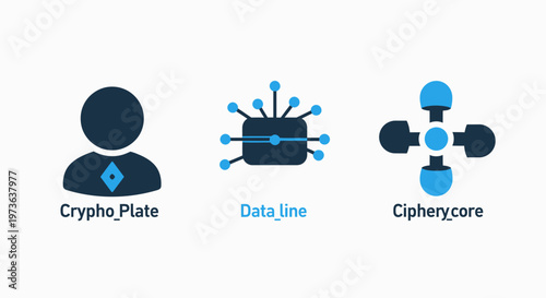 Cryptocurrency and blockchain data infrastructure icons set including crypto plate data line and cipher core symbols for digital finance technology