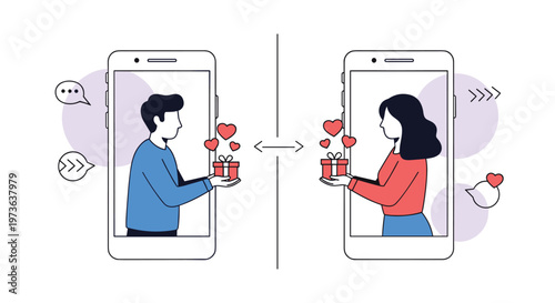 Long distance relationship concept showing a couple exchanging gifts through their smartphone screens with red hearts.