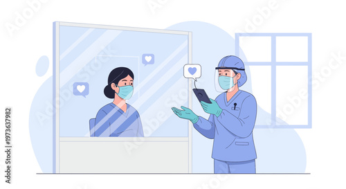 Healthcare Worker Interacts with Patient Through Protective Barrier, COVID-19 Safety Measures