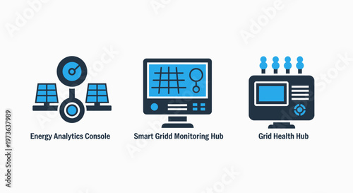 Set of technical icons representing energy analytics console smart grid monitoring hub and grid health hub for power management systems