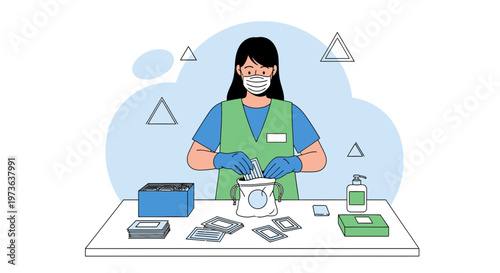 Healthcare worker packing medical supplies, wearing mask and gloves, pandemic preparedness