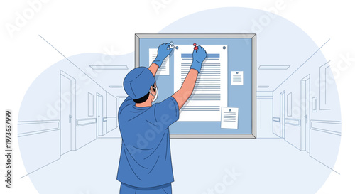 Healthcare worker posting information on a bulletin board in a hospital hallway