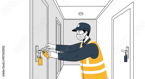 Hotel staff in mask and safety vest checks room keys on corridor, safety measures