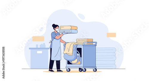 Hotel maid with mask and cart of clean linens, housekeeping service