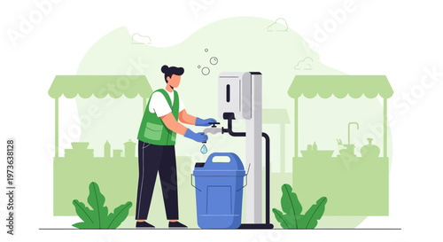 Hygiene Station: Person Washing Hands at Outdoor Market with Sanitizer Dispenser