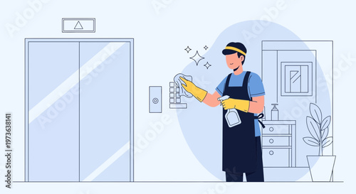 Janitor cleaning elevator panel with disinfectant spray and cloth, hygiene concept