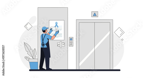 Janitor Posting Notice on Elevator Wall, Cleaning Service, Maintenance Worker