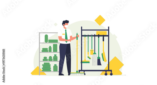 Janitor with Cleaning Supplies and Tools, Ready for Work