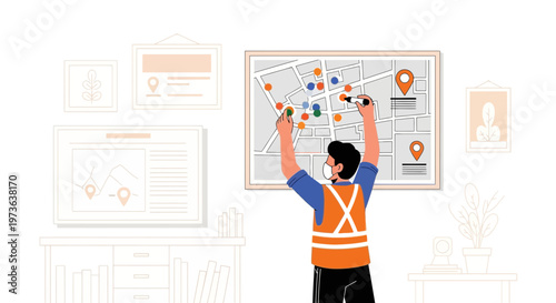 Logistics manager planning delivery routes on a map with pins and markers