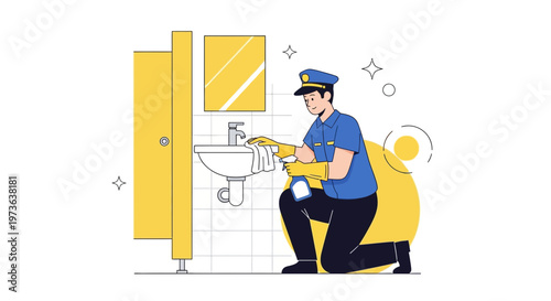 Janitor cleaning public restroom sink with spray bottle and gloves, hygiene concept