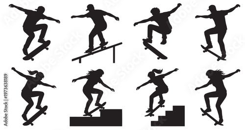 Skateboarding Tricks Silhouettes Set Pack. Editable Vector Stroke Illustration. featuring skateboarder, silhouette, extreme, sport, vector, illustration, skating, jump, urban, trick more silhouettes.