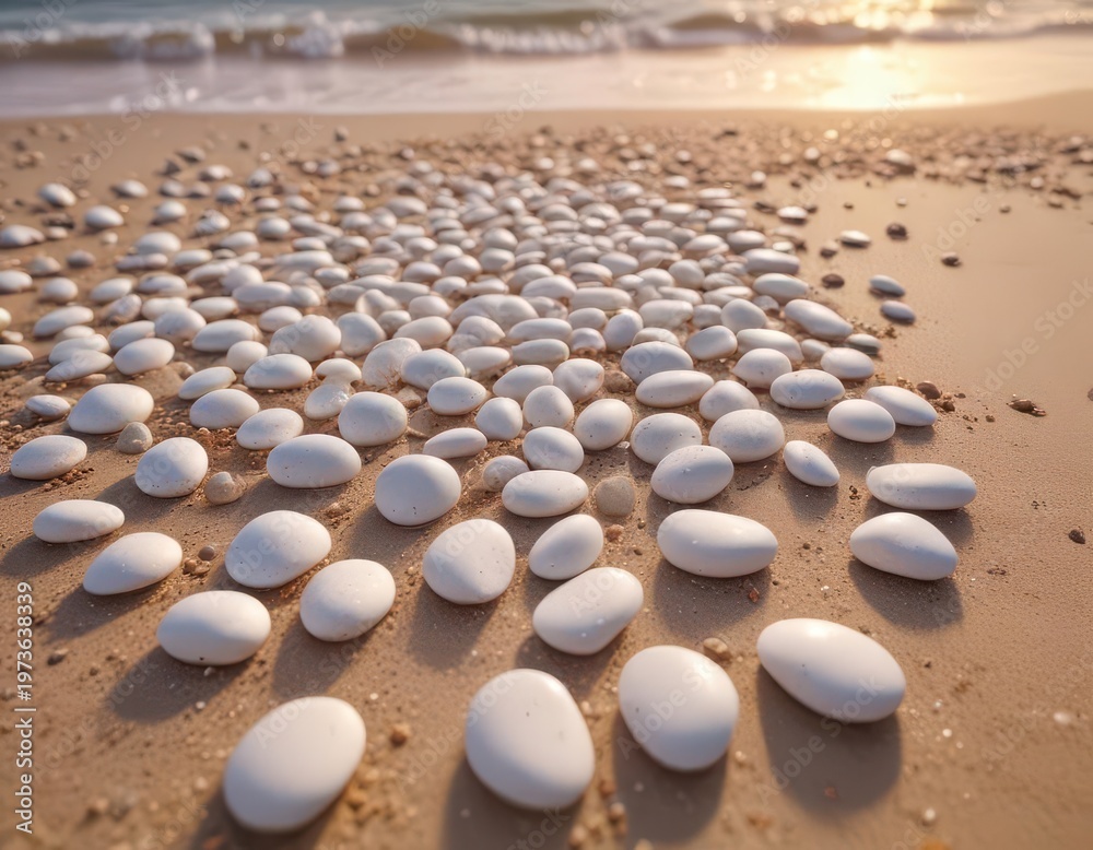 Obraz premium Smooth white pebbles on a sandy beach at sunset , stone textures, natural beauty, beach pebbles