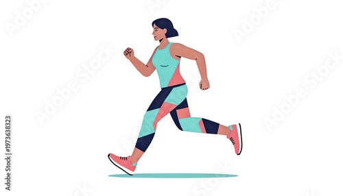 Athletic young woman jogging in colorful sportswear isolated on a white background for fitness health and sports lifestyle concepts illustration