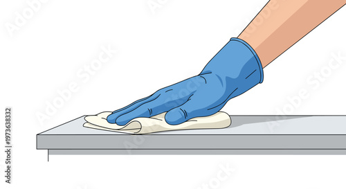 Hand wearing a protective blue rubber glove wipes a smooth grey surface with a beige cloth, captured from a side angle in a bright and clean environment.