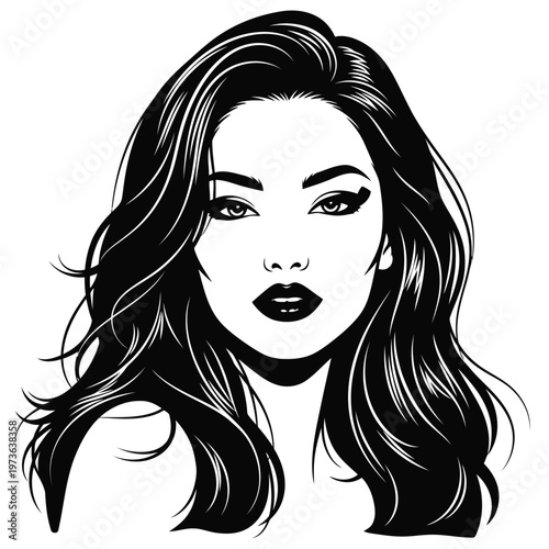 Beautiful woman portrait with long wavy hair, black and white vector illustration