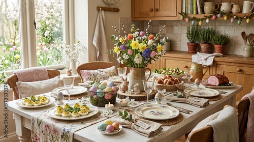Easter Feast of Delights: A vibrantly decorated dining table awaits a celebratory meal, featuring a spring flower arrangement and seasonal decorations, promising a joyful feast.