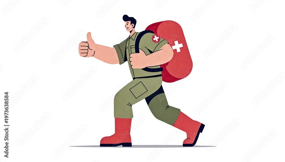 Fototapeta premium Male paramedic in green uniform with large red first aid backpack showing thumbs up gesture for emergency assistance and medical support