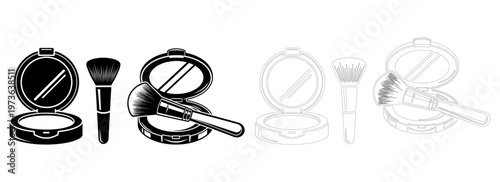 Black and white vector illustration of makeup compacts and cosmetic brushes for beauty design