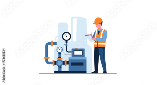 Industrial worker wearing a hard hat and high-visibility vest inspects complex machinery with pressure gauges while holding a clipboard for documentation.