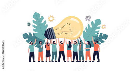 Group of diverse business people standing together and holding up a large glowing light bulb as a symbol of teamwork, creativity, and new ideas.