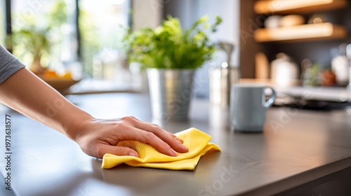 Person's hand cleaning a pristine kitchen countertop with a yellow cloth. Emphasizing home hygiene and tidiness