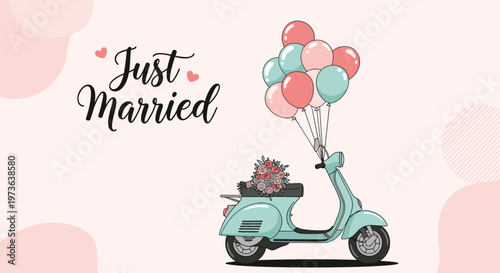 Vintage style blue motor scooter decorated with a just married sign and a bundle of colorful balloons on a soft pink background with shapes.