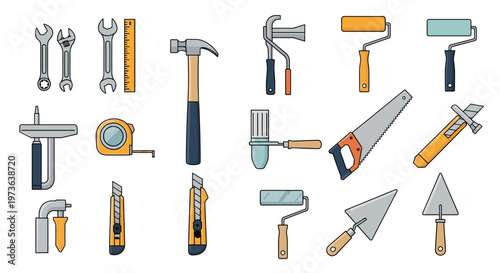 Wide collection of construction and home improvement hand tools including hammers, saws, wrenches, paint rollers, and trowels on a white background.