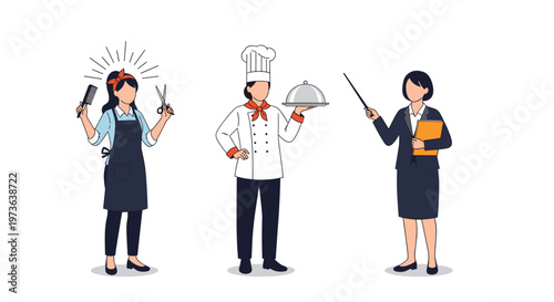 Three different professionals including a female hair stylist with tools, a chef holding a silver platter, and a teacher with a pointer and folder.
