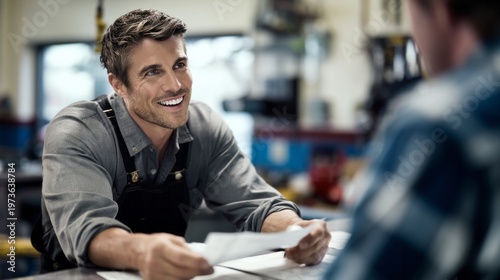Professional mechanic smiling while holding papers and discussing work with customer in a busy workshop setting
