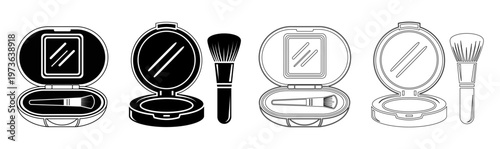 A collection of makeup powder compact cases and brushes depicted in black and white line art.