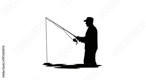 Silhouette of a man fishing with a rod and reel.
