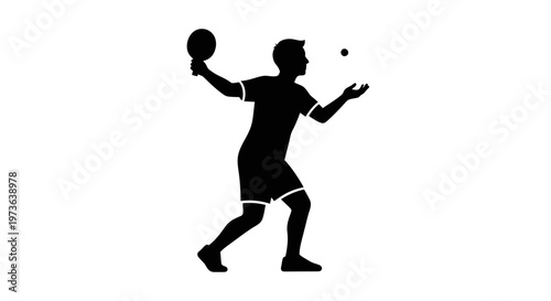 Silhouette of a male table tennis player preparing to serve the ball.