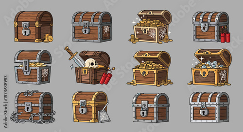 Collection of twelve wooden treasure chests in different states including locked, open with gold coins, and covered in cobwebs or chains for a game.